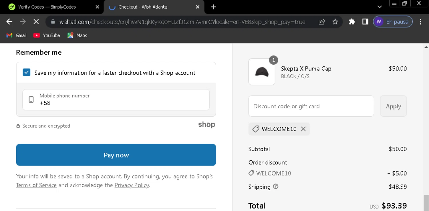Wish Atlanta promo code screenshot showing code WELCOME10 applied at Wish Atlanta checkout page. Uploaded by SimplyCodes community member wuilmasoncoronado on Aug 16, 2025