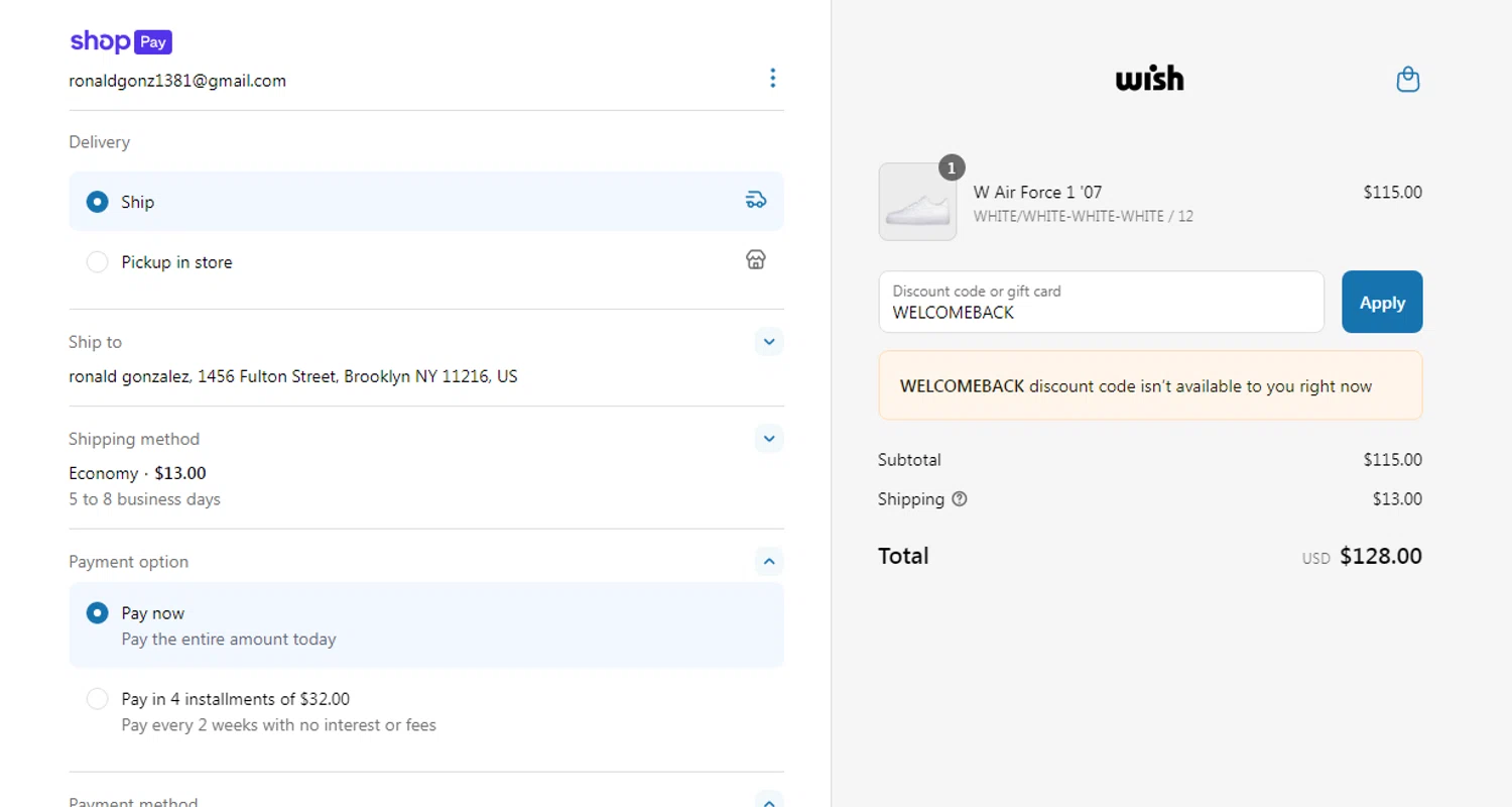Wish Atlanta promo code screenshot showing code WELCOMEBACK applied at Wish Atlanta checkout page. Uploaded by SimplyCodes community member Ronald13 on Jun 1, 2025
