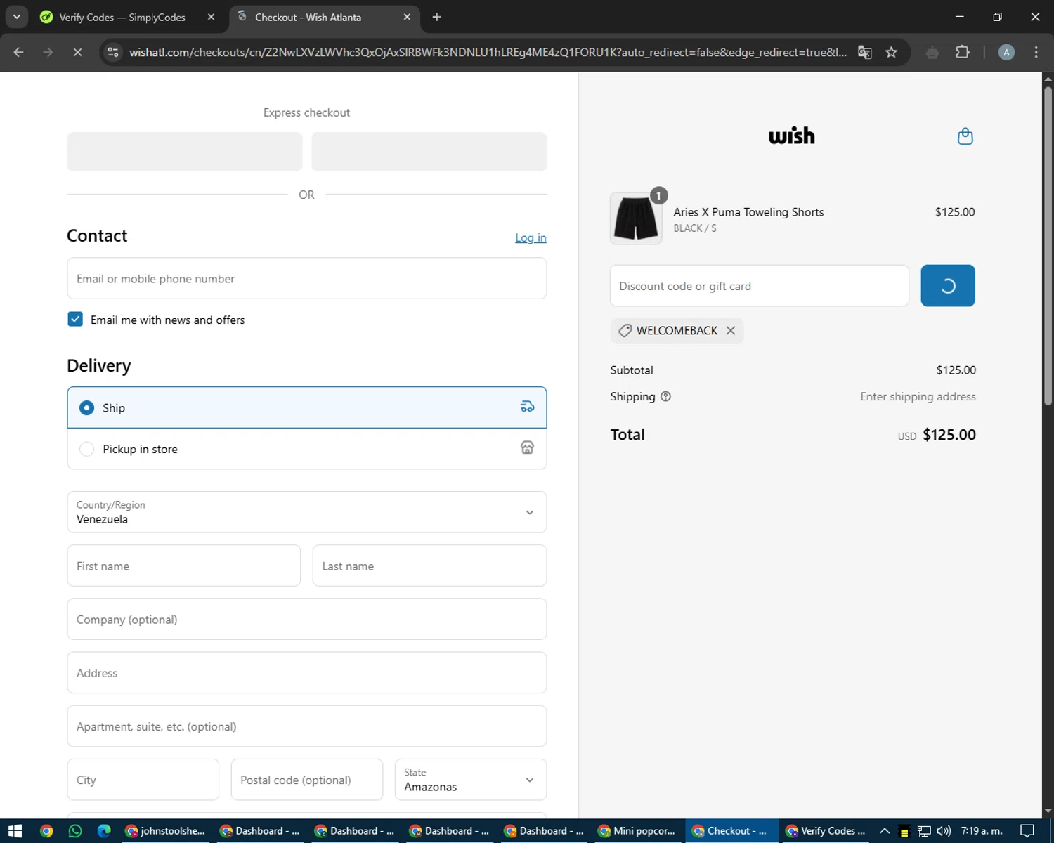 Wish Atlanta promo code screenshot showing code WELCOMEBACK applied at Wish Atlanta checkout page. Uploaded by SimplyCodes community member trippieredd on May 3, 2025
