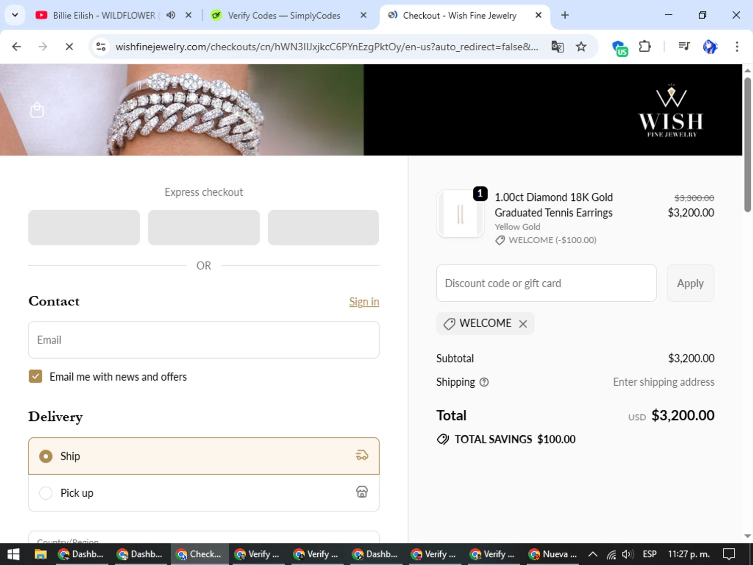 Wish Fine Jewelry promo code screenshot showing code WELCOME applied at Wish Fine Jewelry checkout page. Uploaded by SimplyCodes community member WiseHunter8213 on Sep 23, 2025