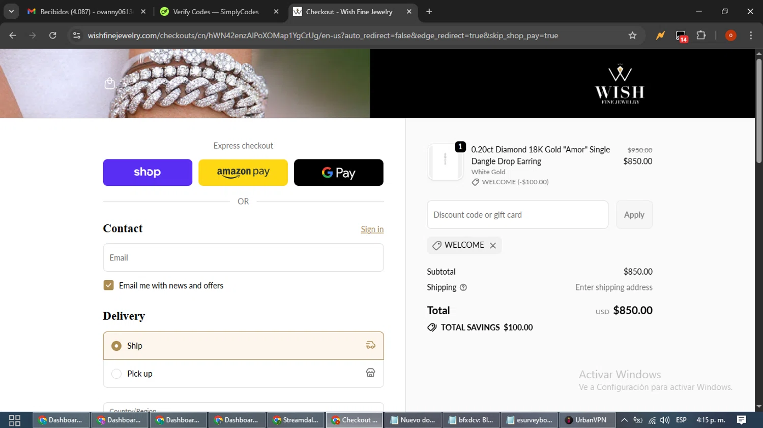 Wish Fine Jewelry promo code screenshot showing code WELCOME applied at Wish Fine Jewelry checkout page. Uploaded by SimplyCodes community member WiseTracker2171 on Oct 12, 2025