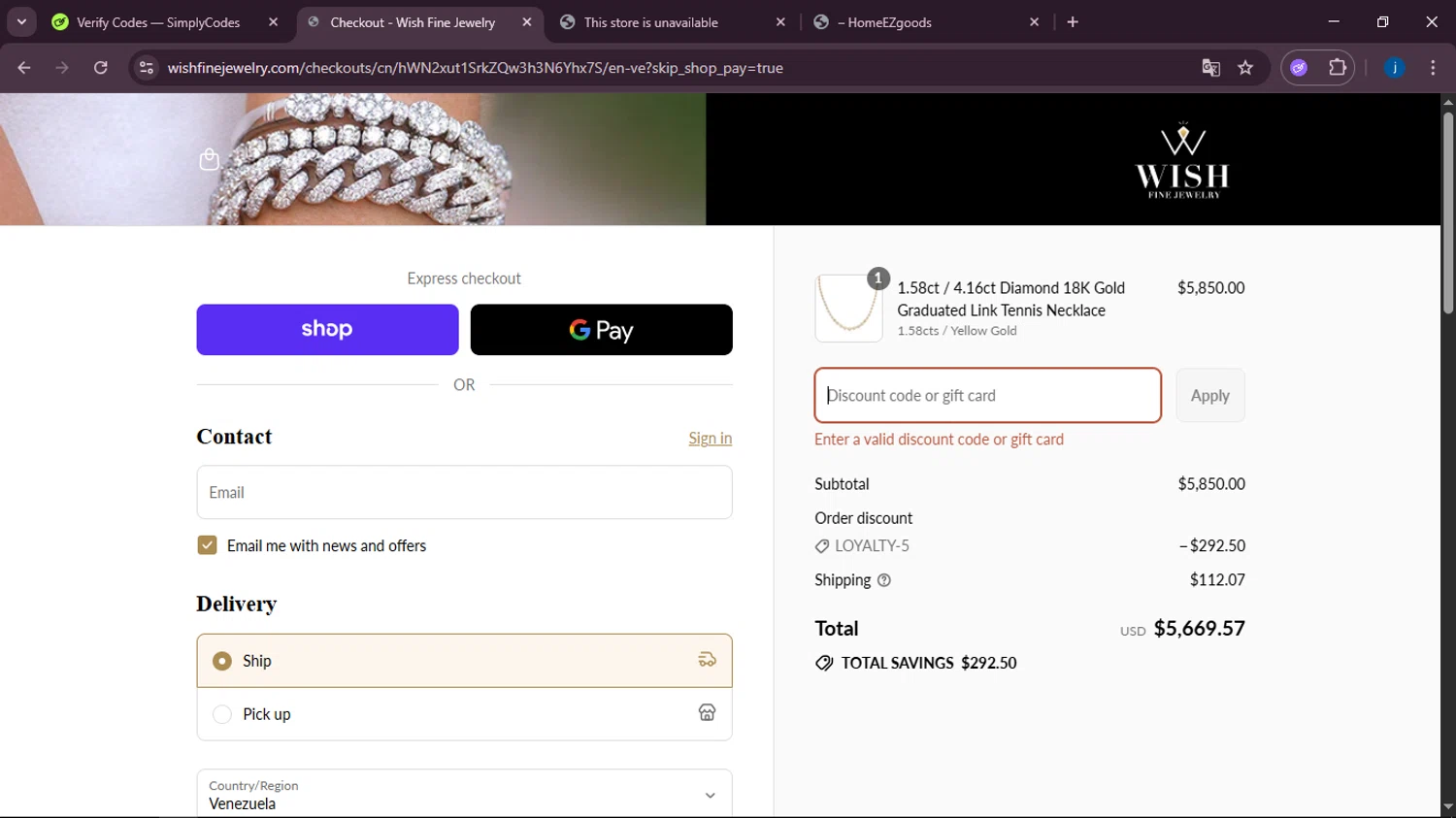 Wish Fine Jewelry promo code screenshot showing code LOYALTY-5 applied at Wish Fine Jewelry checkout page. Uploaded by SimplyCodes community member RoyalMaestro2129 on Sep 14, 2025