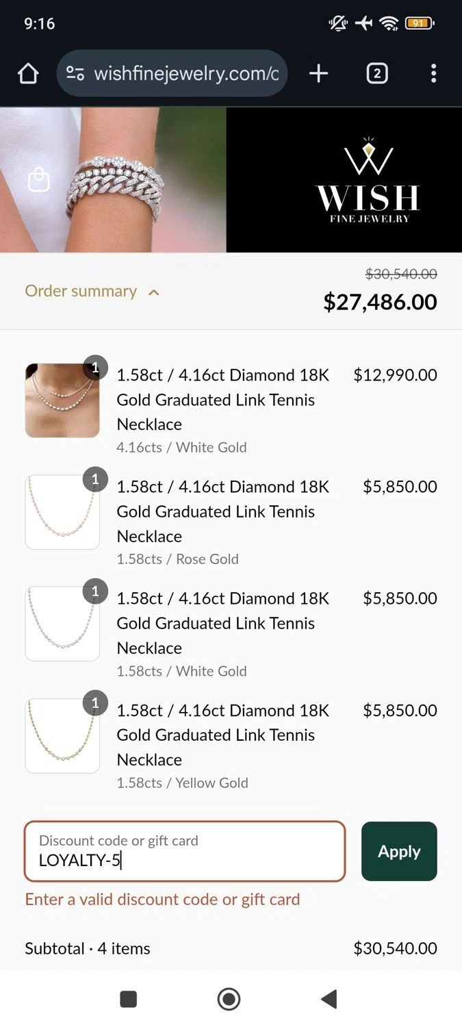 Wish Fine Jewelry promo code screenshot showing code LOYALTY-5 applied at Wish Fine Jewelry checkout page. Uploaded by SimplyCodes community member RoyalSpotter5217 on Sep 14, 2025