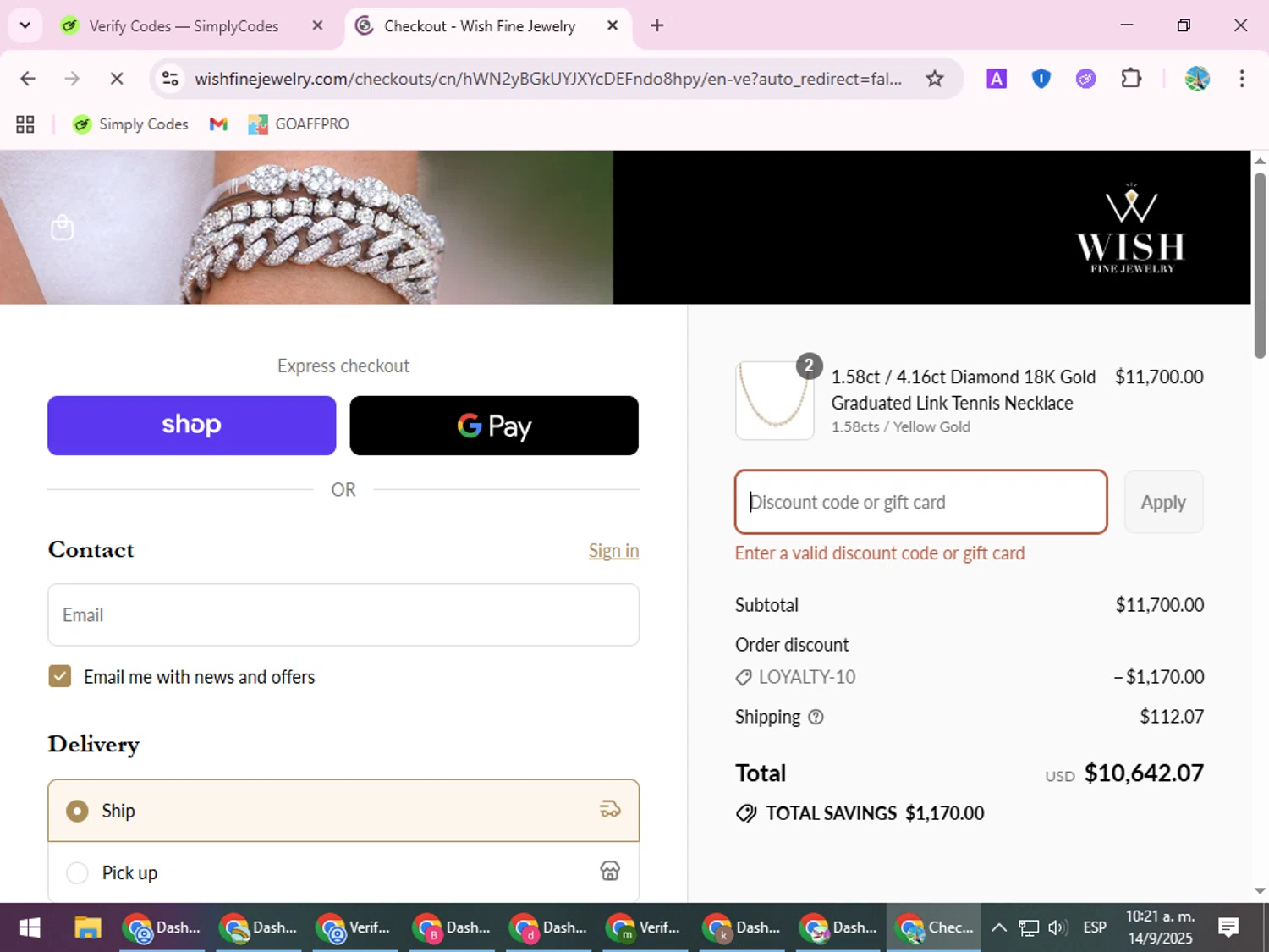 Wish Fine Jewelry promo code screenshot showing code LOYALTY-5 applied at Wish Fine Jewelry checkout page. Uploaded by SimplyCodes community member ShrewdSpotter4101 on Sep 14, 2025