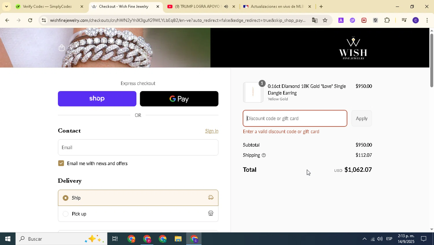 Wish Fine Jewelry promo code screenshot showing code LOYALTY-10 applied at Wish Fine Jewelry checkout page. Uploaded by SimplyCodes community member alexanderarnold on Sep 14, 2025