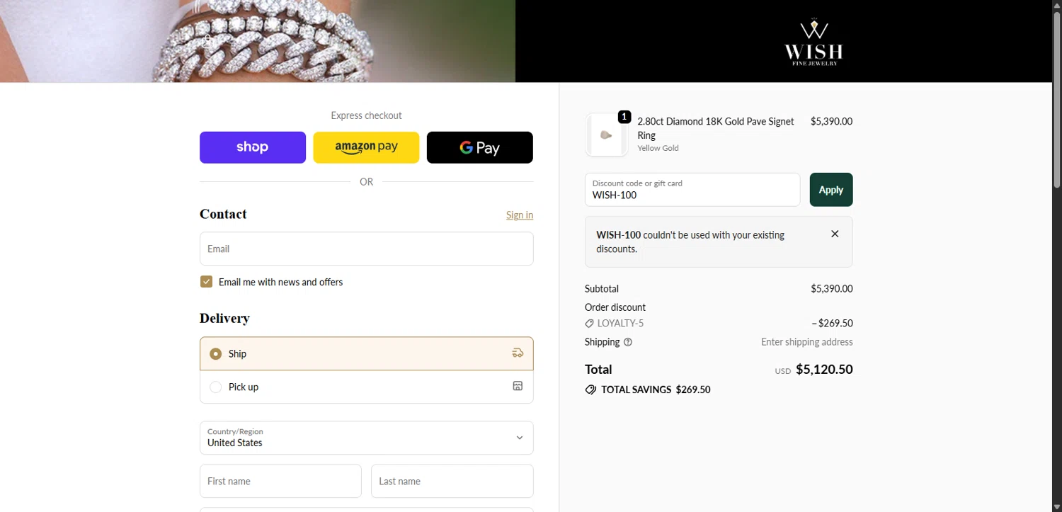 Wish Fine Jewelry promo code screenshot showing code WISH-100 applied at Wish Fine Jewelry checkout page. Uploaded by SimplyCodes community member 1323535 on Oct 25, 2025