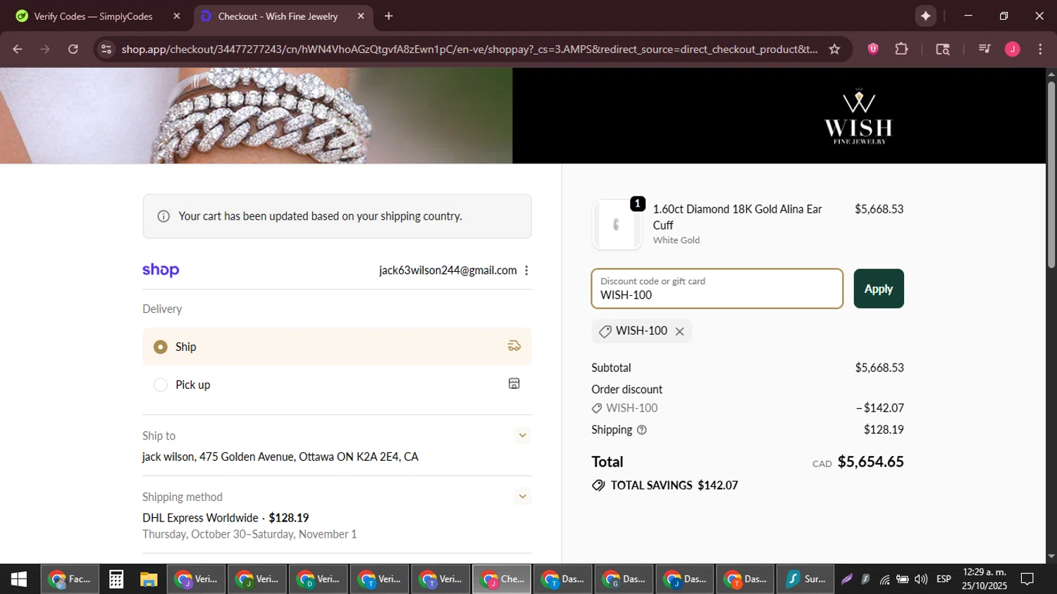 Wish Fine Jewelry promo code screenshot showing code WISH-100 applied at Wish Fine Jewelry checkout page. Uploaded by SimplyCodes community member JackWilson63 on Oct 25, 2025