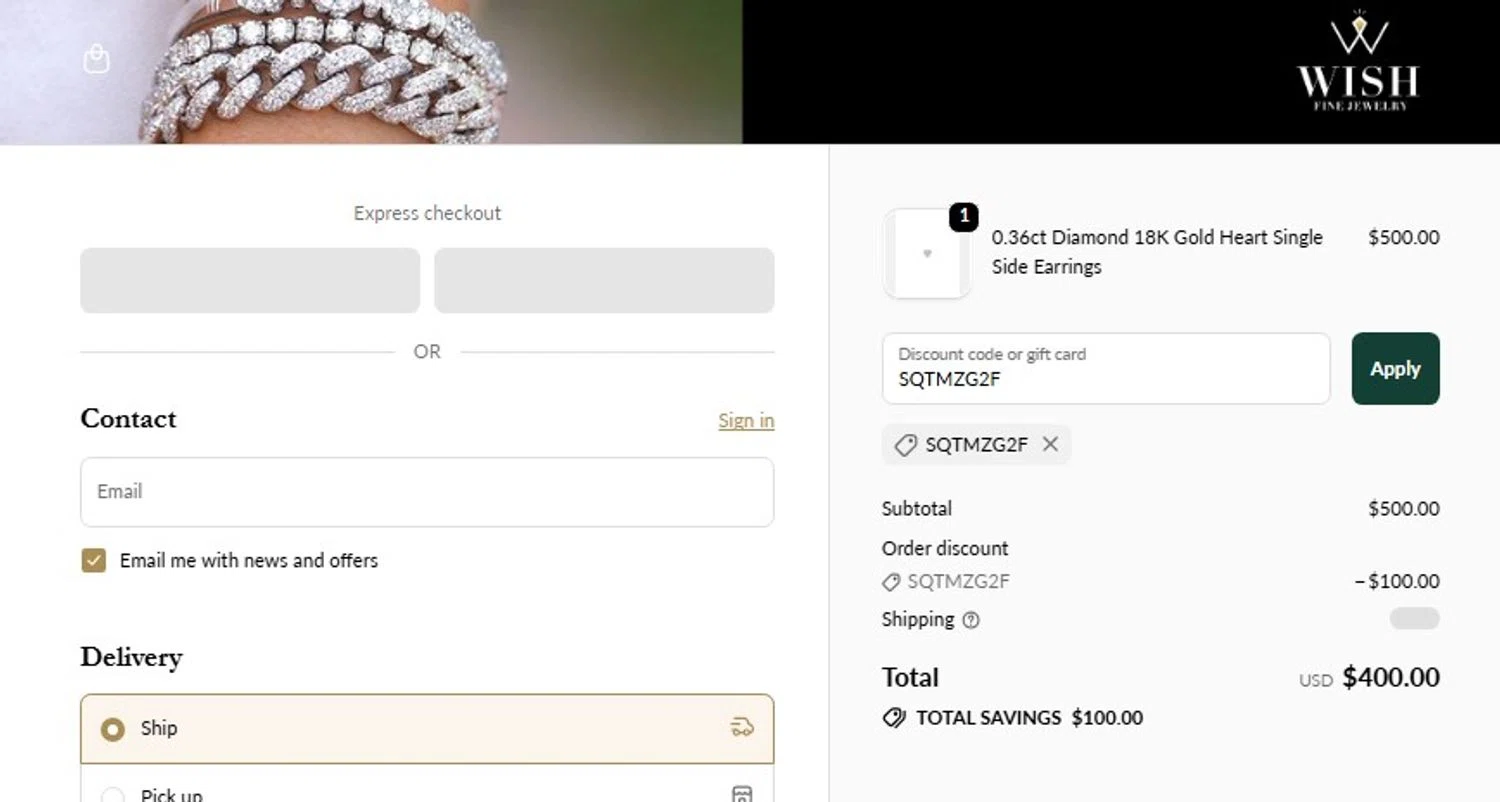 Wish Fine Jewelry promo code screenshot showing code SQTMZG2F applied at Wish Fine Jewelry checkout page. Uploaded by SimplyCodes community member frankrivero on Dec 5, 2025