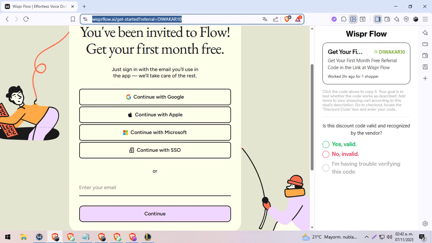 Wispr Flow promo code screenshot showing code DIWAKAR10 applied at Wispr Flow checkout page. Uploaded by SimplyCodes community member DiscountDefender1226 on Nov 7, 2025