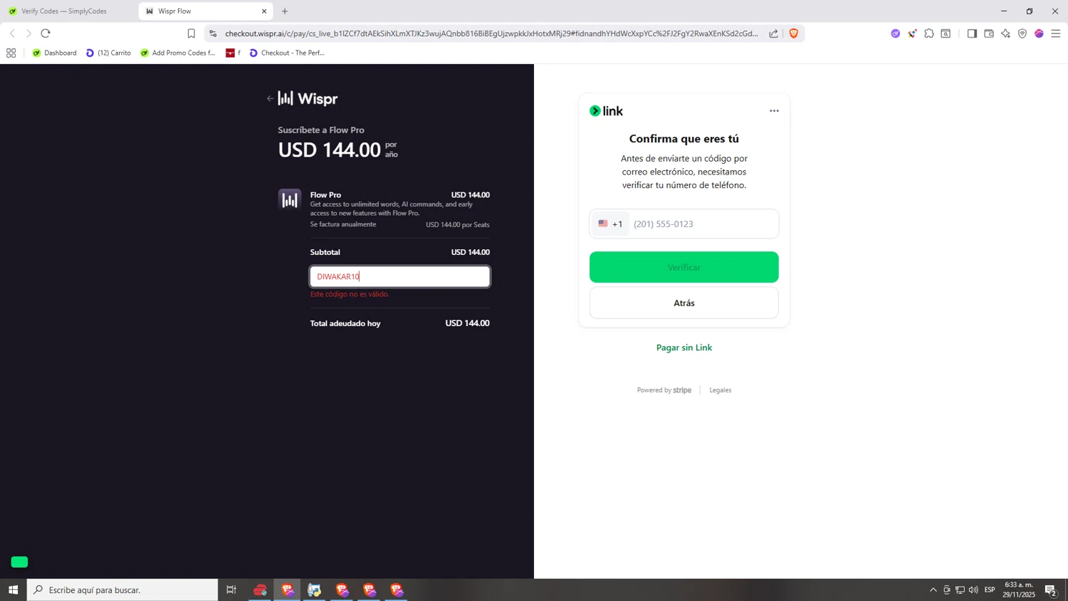 Wispr Flow promo code screenshot showing code DIWAKAR10 applied at Wispr Flow checkout page. Uploaded by SimplyCodes community member Nezukooo on Nov 29, 2025