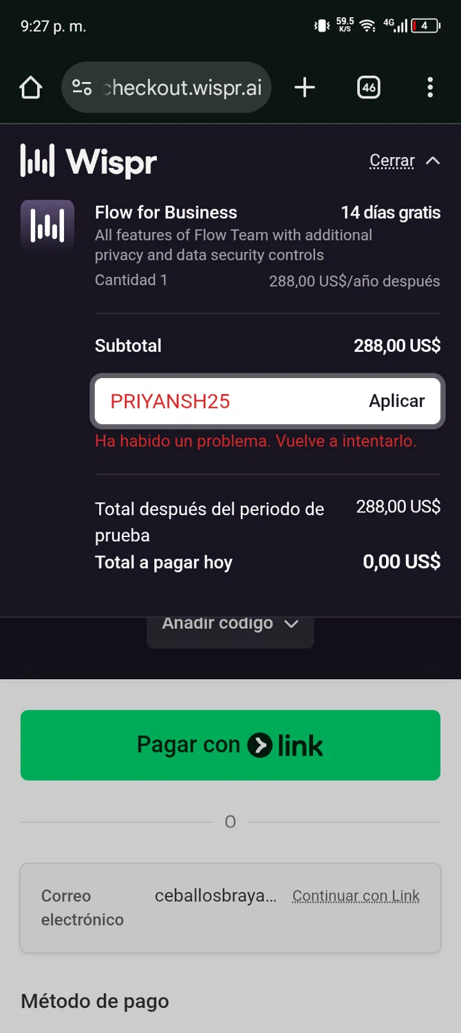 Wispr Flow promo code screenshot showing code PRIYANSH25 applied at Wispr Flow checkout page. Uploaded by SimplyCodes community member Ryan_Garcia on Jan 25, 2026