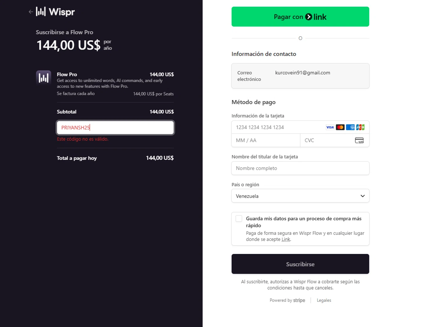 Wispr Flow promo code screenshot showing code PRIYANSH25 applied at Wispr Flow checkout page. Uploaded by SimplyCodes community member Halanweik on Jan 20, 2026