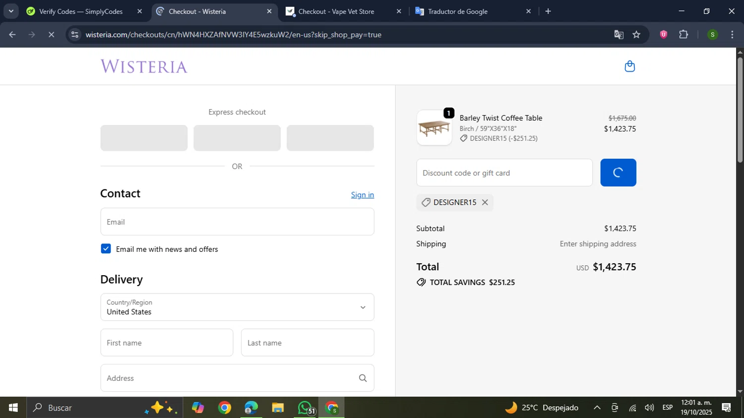 Wisteria discount code screenshot showing code DESIGNER15 applied at Wisteria checkout page. Uploaded by SimplyCodes community member RewardMaverick445 on Oct 19, 2025