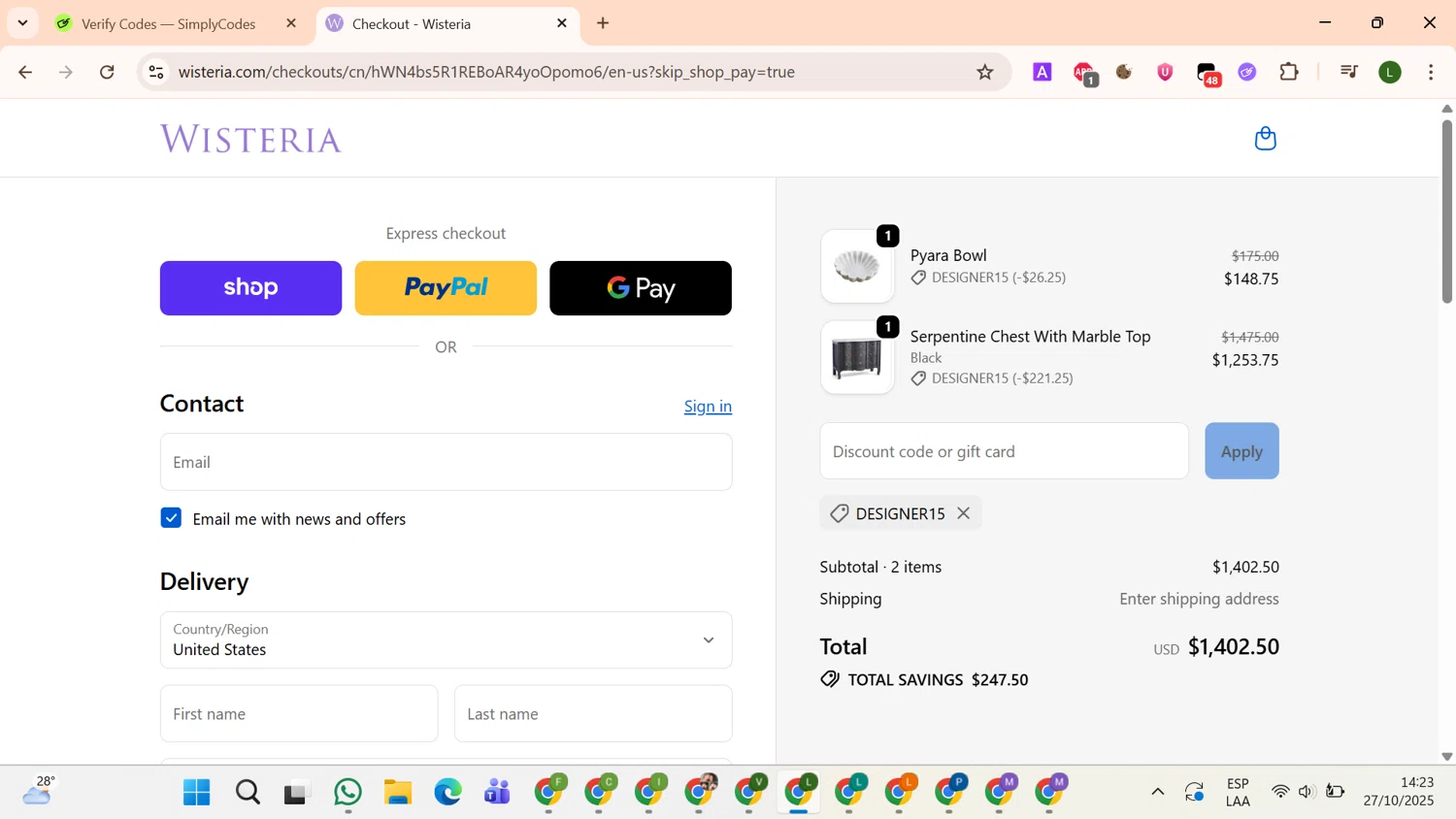 Wisteria discount code screenshot showing code DESIGNER15 applied at Wisteria checkout page. Uploaded by SimplyCodes community member SavvySeeker4827 on Oct 27, 2025