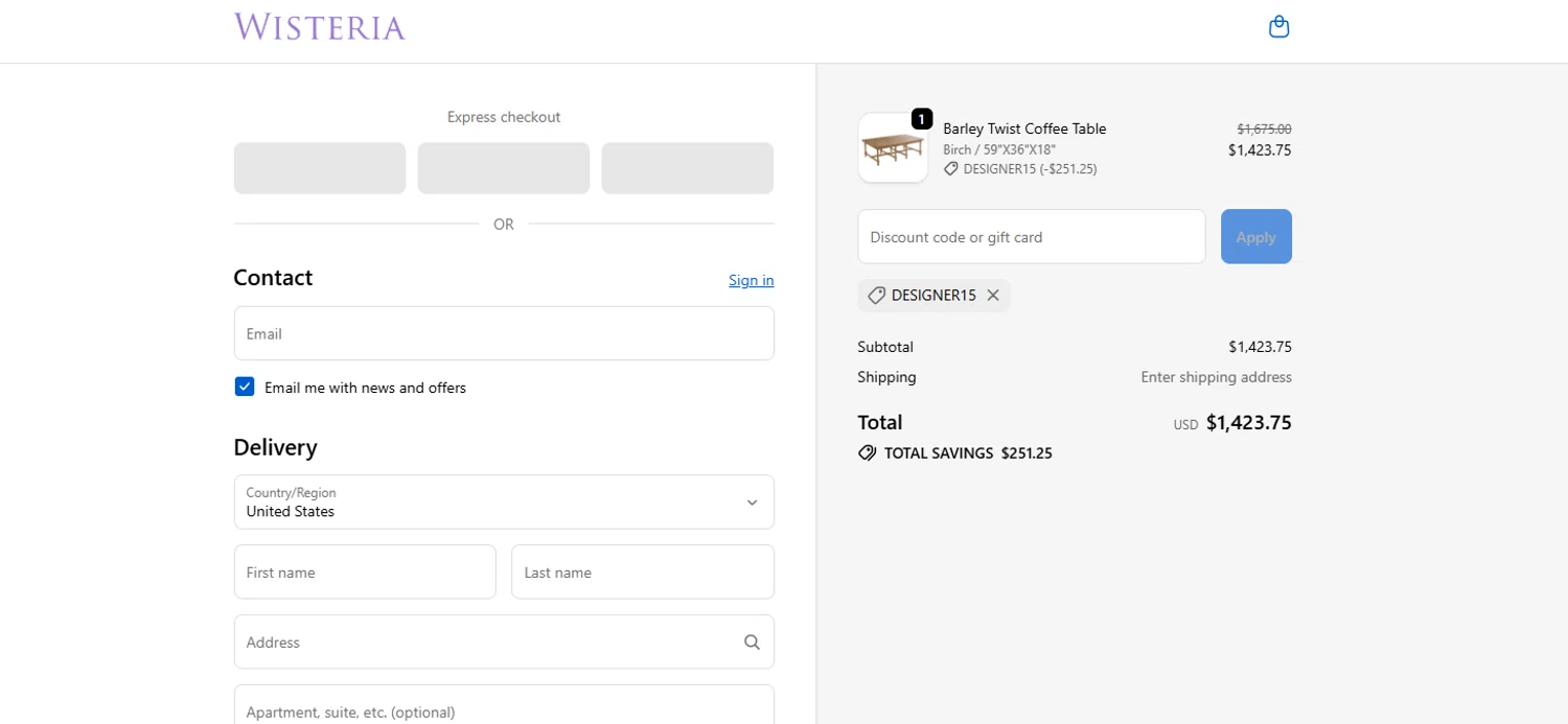 Wisteria discount code screenshot showing code DESIGNER15 applied at Wisteria checkout page. Uploaded by SimplyCodes community member chanyromero on Oct 23, 2025
