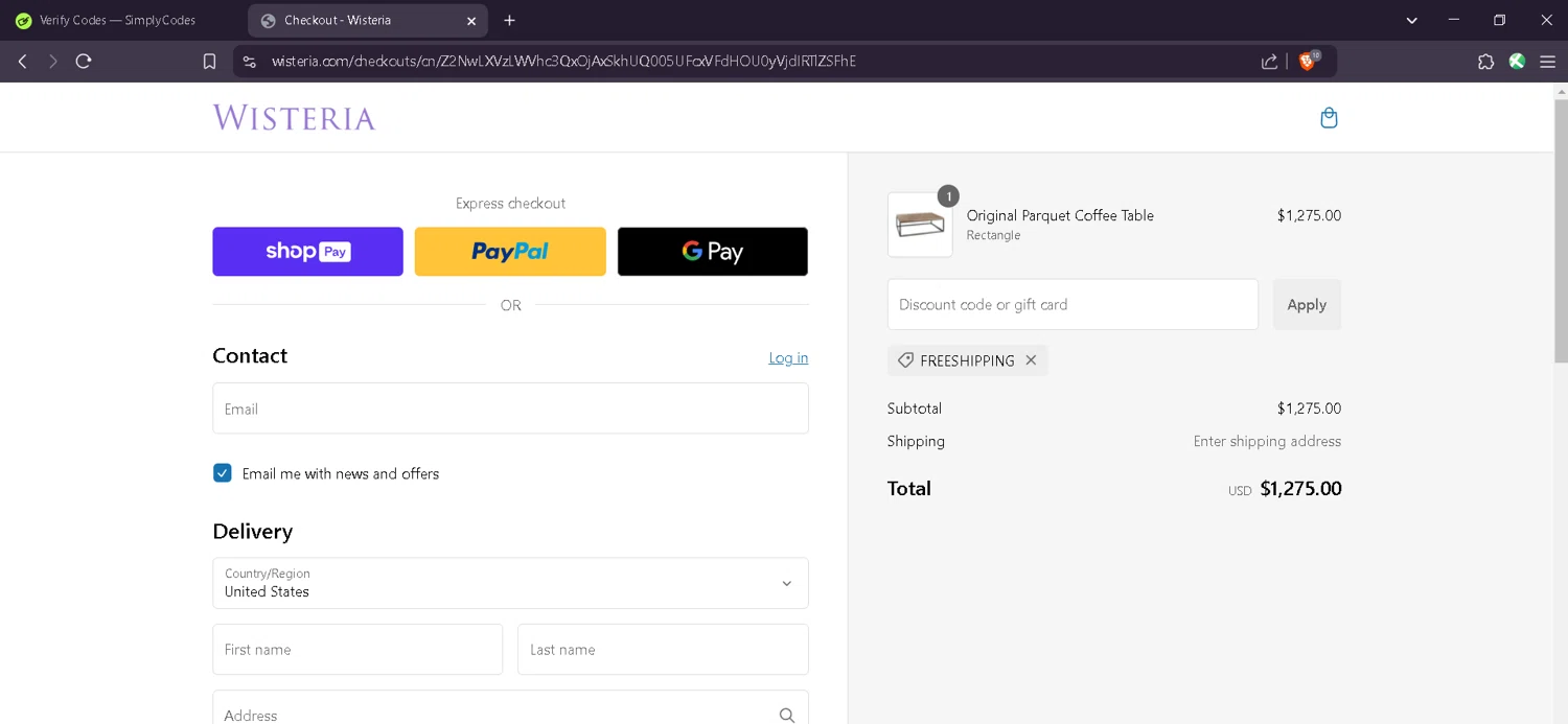 Wisteria discount code screenshot showing code FREESHIPPING applied at Wisteria checkout page. Uploaded by SimplyCodes community member Estefani4 on Jan 17, 2025