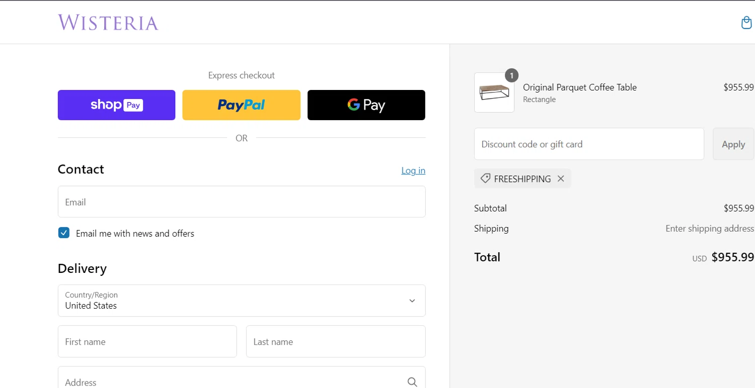 Wisteria discount code screenshot showing code FREESHIPPING applied at Wisteria checkout page. Uploaded by SimplyCodes community member NinjaShoyo on Feb 13, 2025