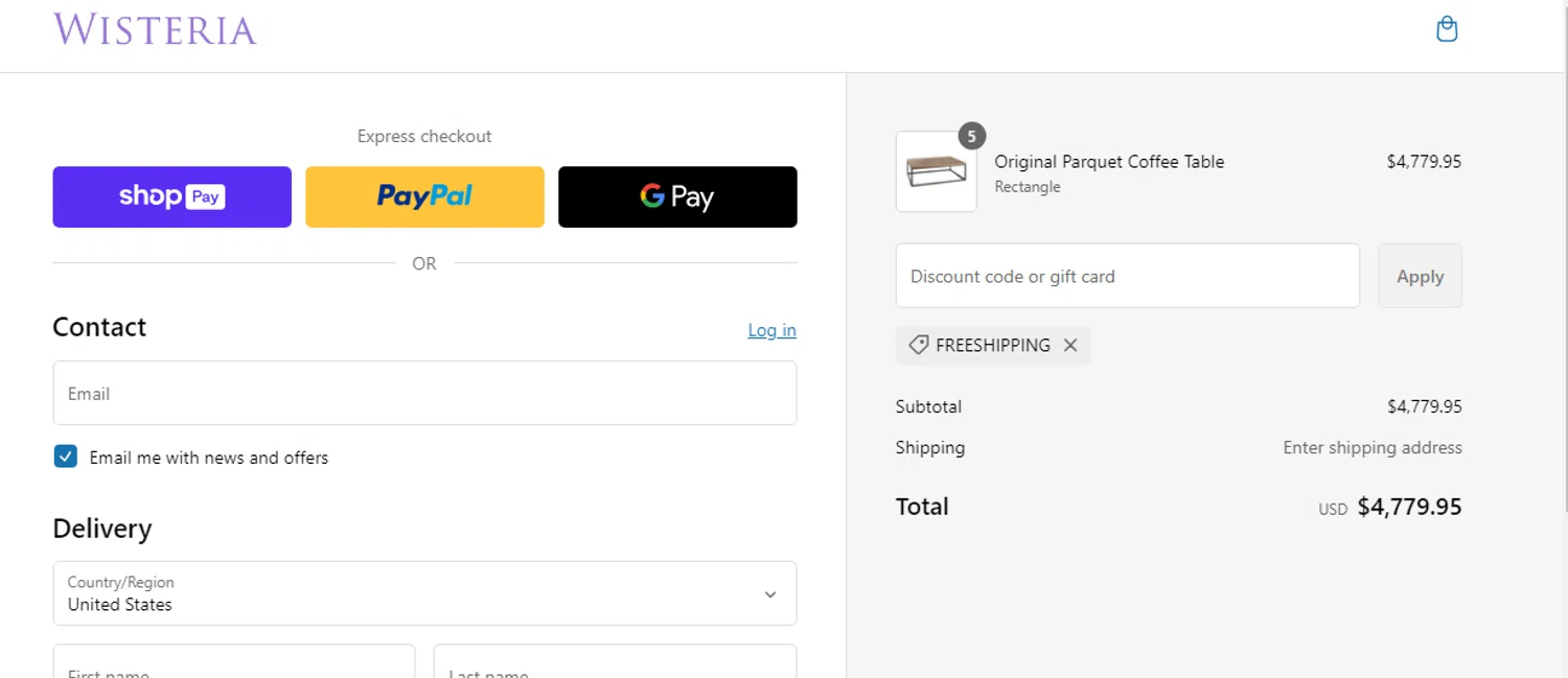 Wisteria discount code screenshot showing code FREESHIPPING applied at Wisteria checkout page. Uploaded by SimplyCodes community member widdyto on Feb 13, 2025