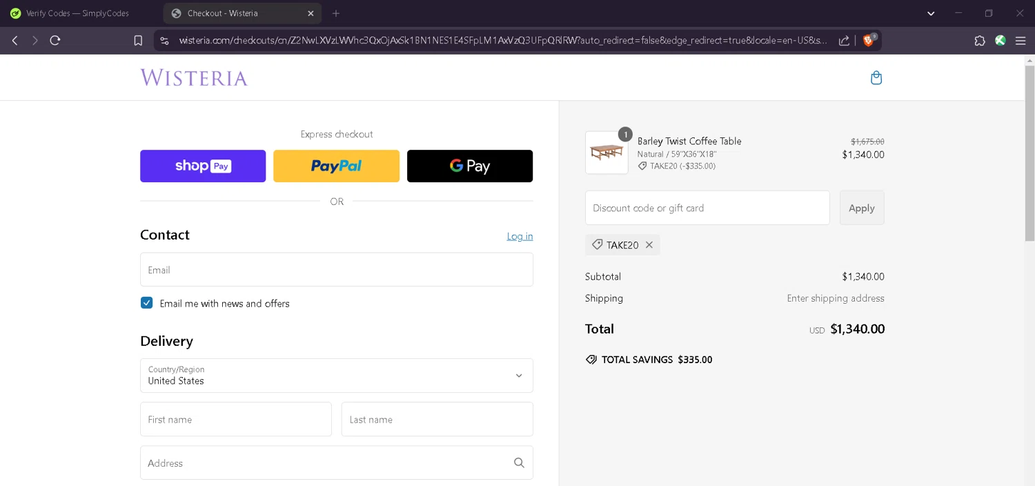 Wisteria discount code screenshot showing code TAKE20 applied at Wisteria checkout page. Uploaded by SimplyCodes community member Estefani4 on Feb 17, 2025