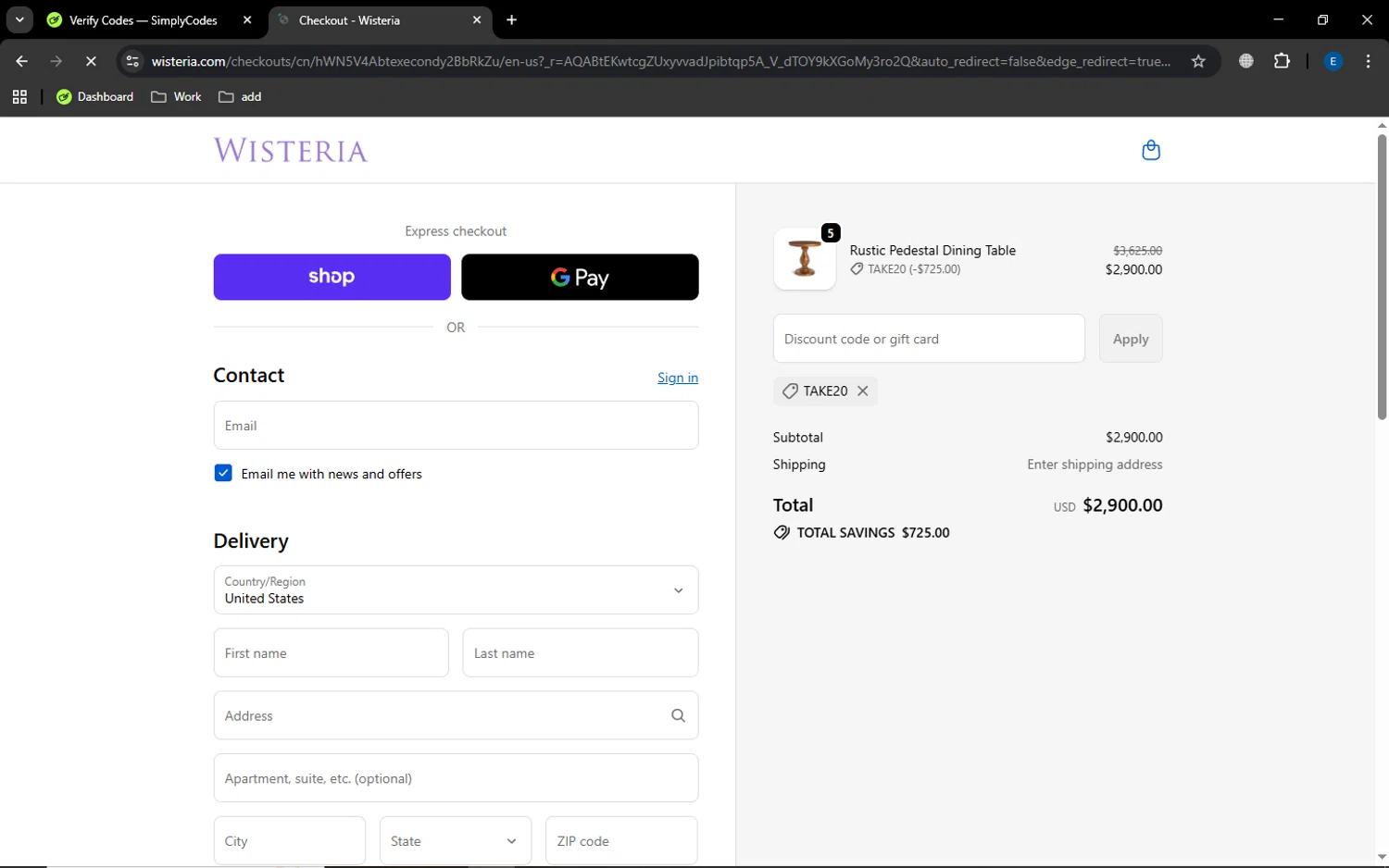 Wisteria discount code screenshot showing code TAKE20 applied at Wisteria checkout page. Uploaded by SimplyCodes community member GoldSaver5472 on Nov 20, 2025