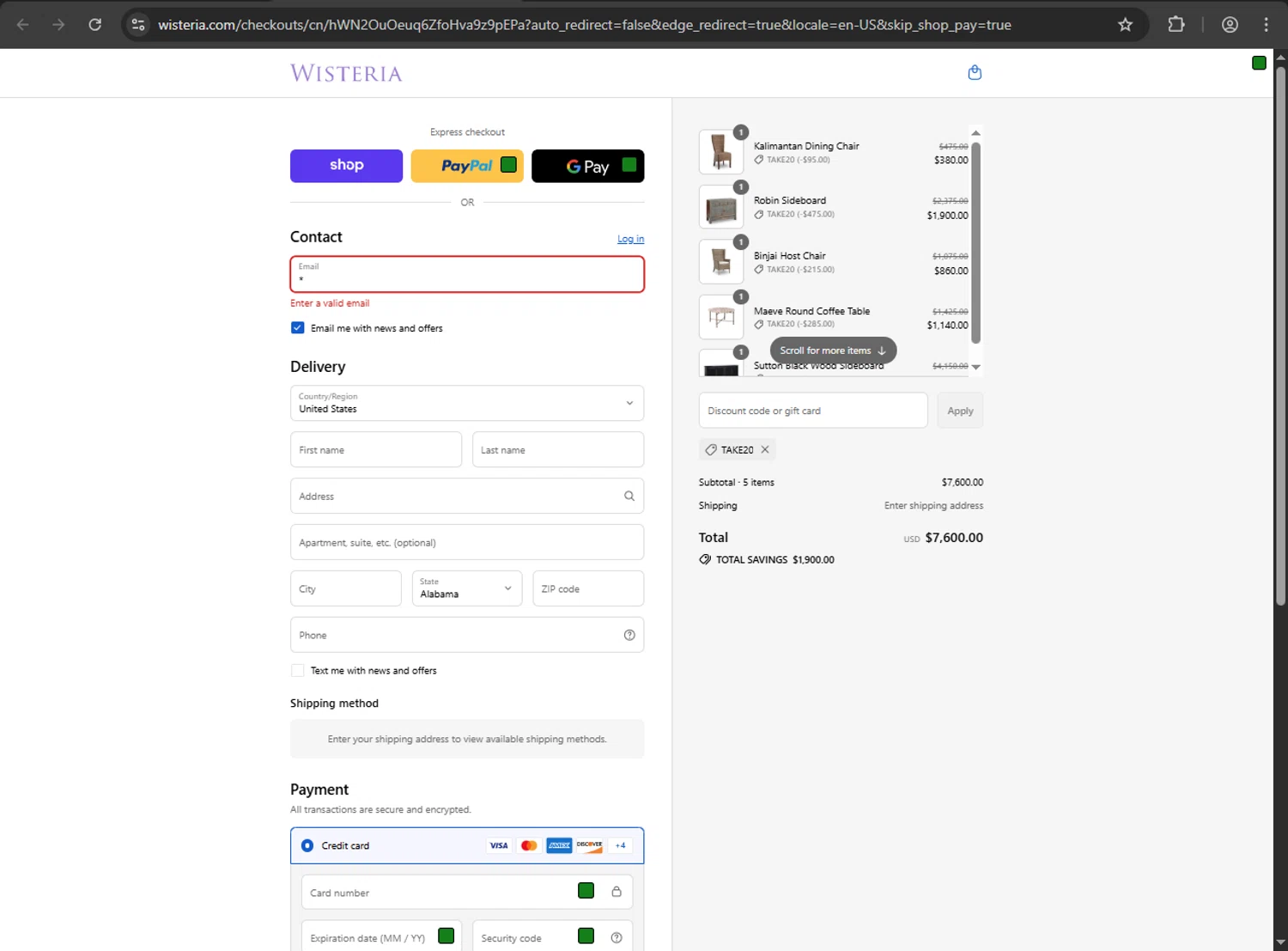Wisteria discount code screenshot showing code TAKE20 applied at Wisteria checkout page. Uploaded by SimplyCodes community member artritis on Aug 30, 2025