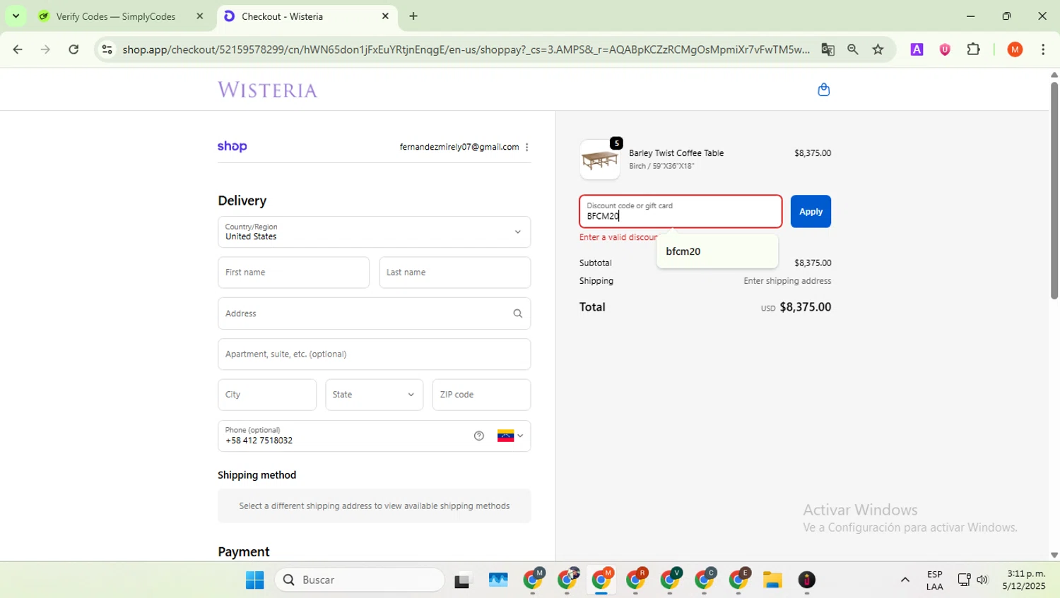 Wisteria discount code screenshot showing code BFCM20 applied at Wisteria checkout page. Uploaded by SimplyCodes community member BrilliantTiger6187 on Dec 5, 2025