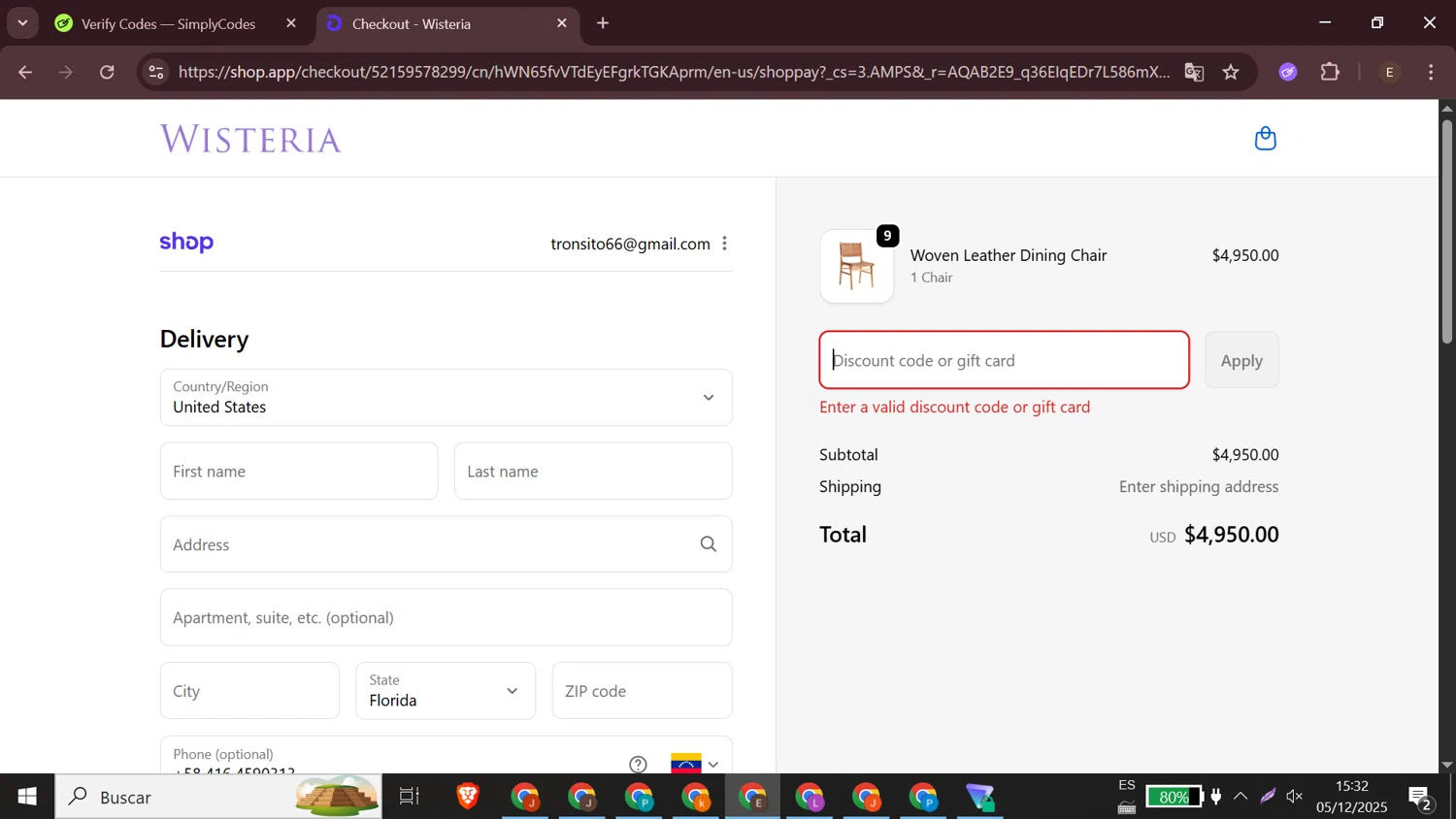 Wisteria discount code screenshot showing code BFCM20 applied at Wisteria checkout page. Uploaded by SimplyCodes community member elizabethjames on Dec 5, 2025
