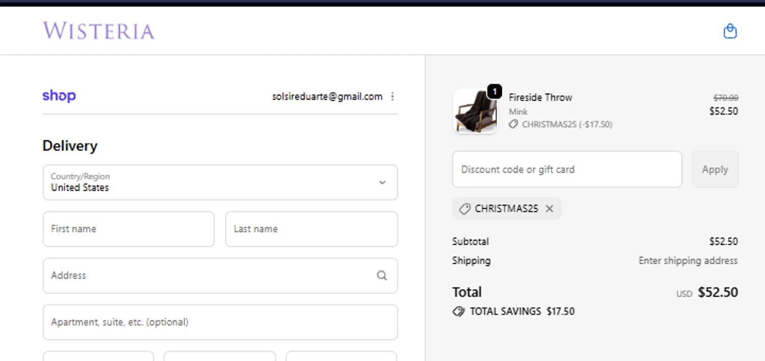 Wisteria discount code screenshot showing code CHRISTMAS25 applied at Wisteria checkout page. Uploaded by SimplyCodes community member diacelysduartesuarez on Dec 26, 2025