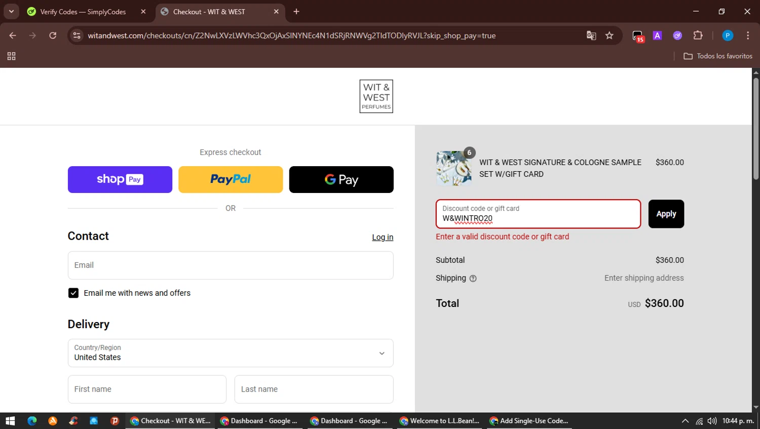 Wit & West Perfumes promo code screenshot showing code W&WINTRO20 applied at Wit & West Perfumes checkout page. Uploaded by SimplyCodes community member MAVESA on Apr 28, 2025