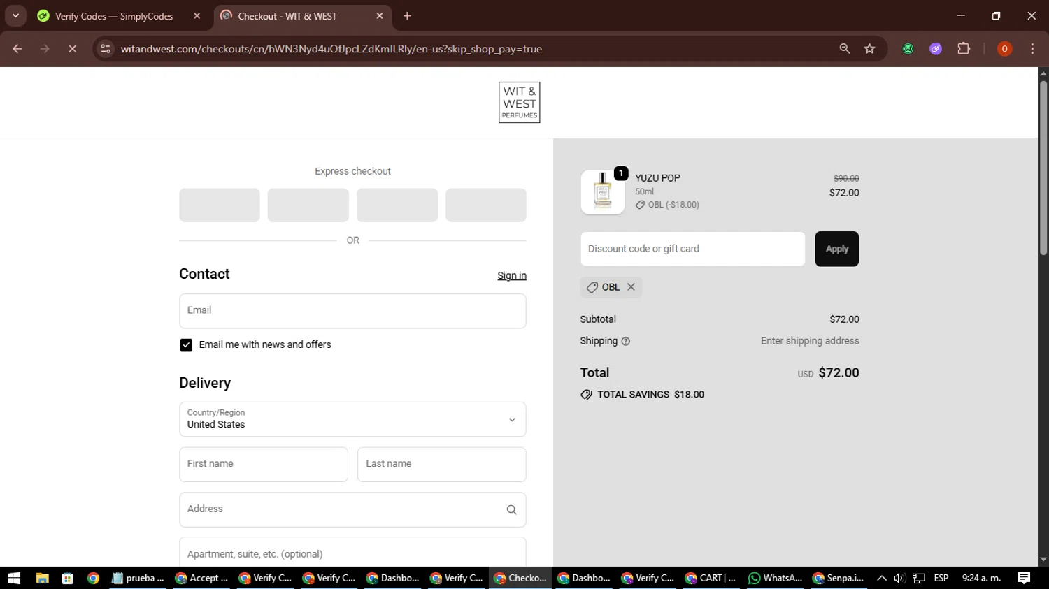 Wit & West Perfumes promo code screenshot showing code OBL applied at Wit & West Perfumes checkout page. Uploaded by SimplyCodes community member CleverSpotter3730 on Sep 25, 2025