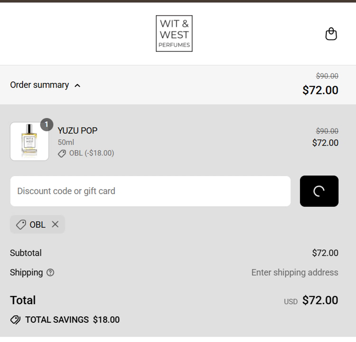 Wit & West Perfumes promo code screenshot showing code OBL applied at Wit & West Perfumes checkout page. Uploaded by SimplyCodes community member SavingsPro6397 on Jul 23, 2025