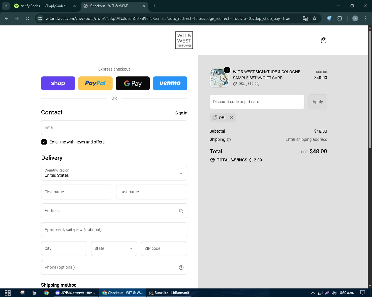 Wit & West Perfumes promo code screenshot showing code OBL applied at Wit & West Perfumes checkout page. Uploaded by SimplyCodes community member charmander589 on Oct 7, 2025