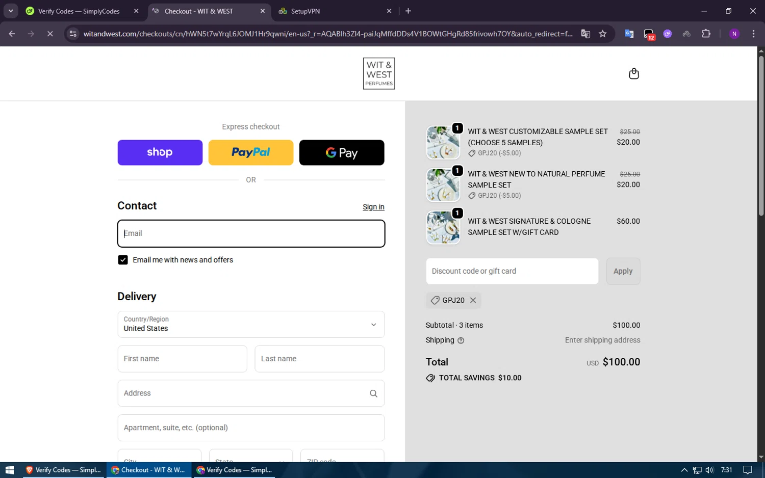 Wit & West Perfumes promo code screenshot showing code GPJ20 applied at Wit & West Perfumes checkout page. Uploaded by SimplyCodes community member Voucher200 on Nov 30, 2025