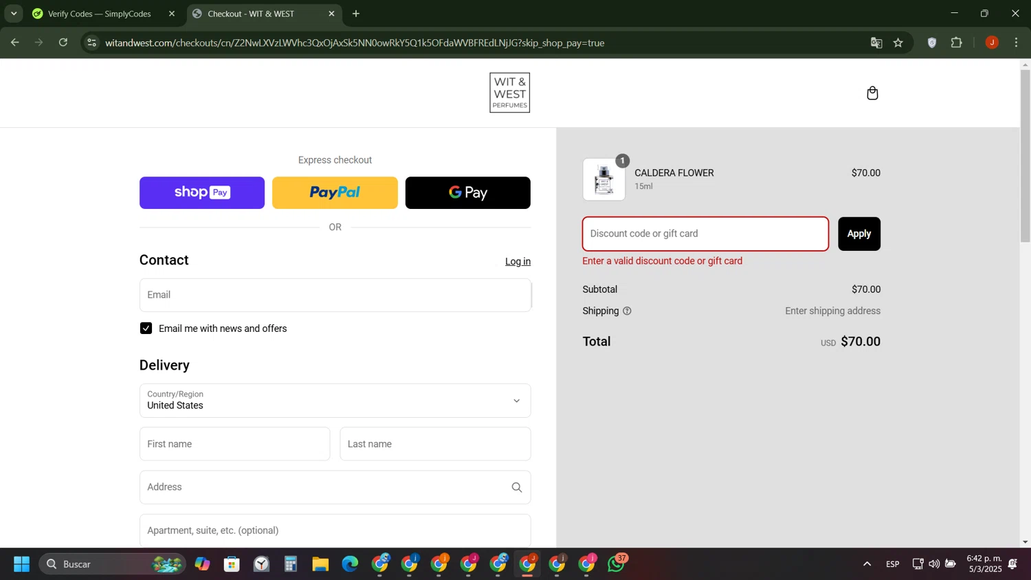 Wit & West Perfumes promo code screenshot showing code VDAY20OFF applied at Wit & West Perfumes checkout page. Uploaded by SimplyCodes community member ShieldAce8260 on Mar 5, 2025