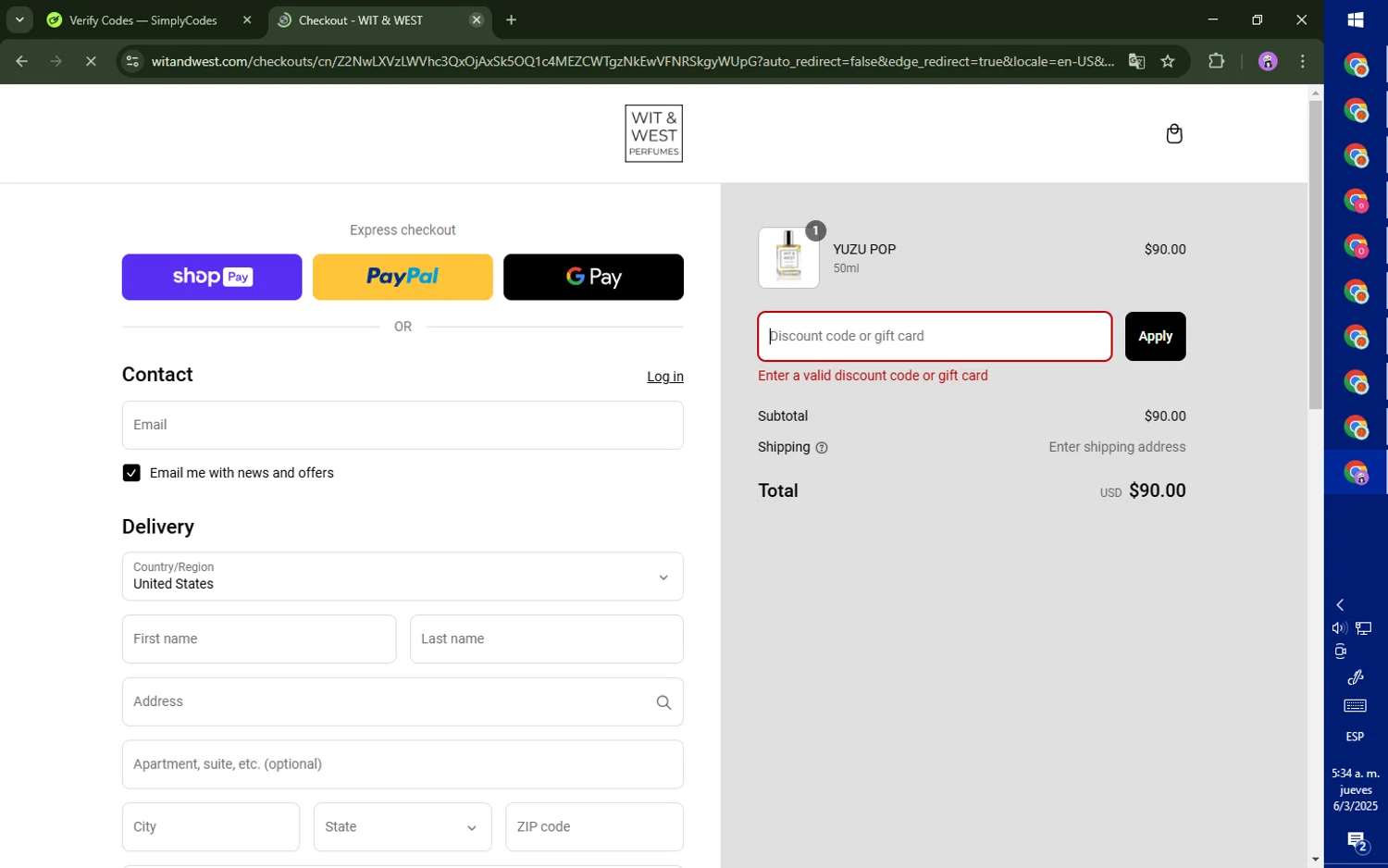 Wit & West Perfumes promo code screenshot showing code VDAY20OFF applied at Wit & West Perfumes checkout page. Uploaded by SimplyCodes community member CoinRanger7926 on Mar 6, 2025