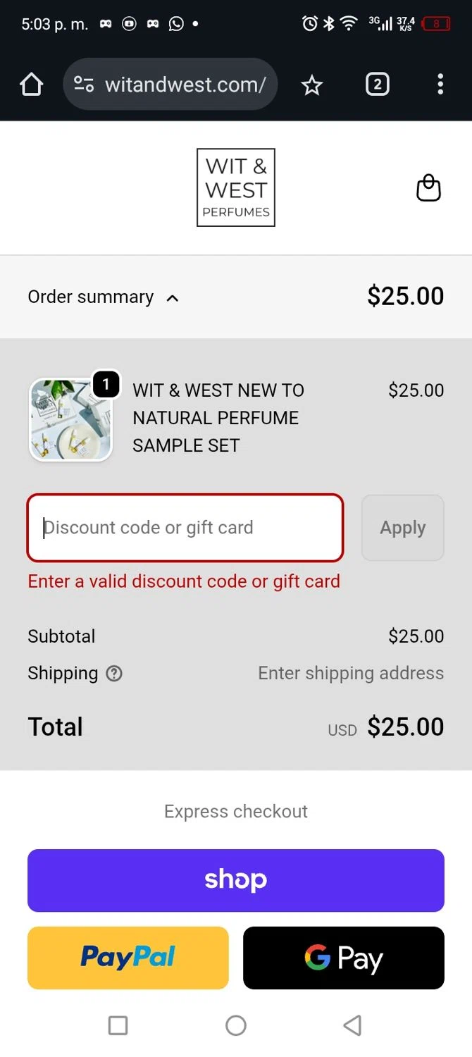 Wit & West Perfumes promo code screenshot showing code HOLIDAYSCENTING applied at Wit & West Perfumes checkout page. Uploaded by SimplyCodes community member CARLOSSLIM on Dec 5, 2025
