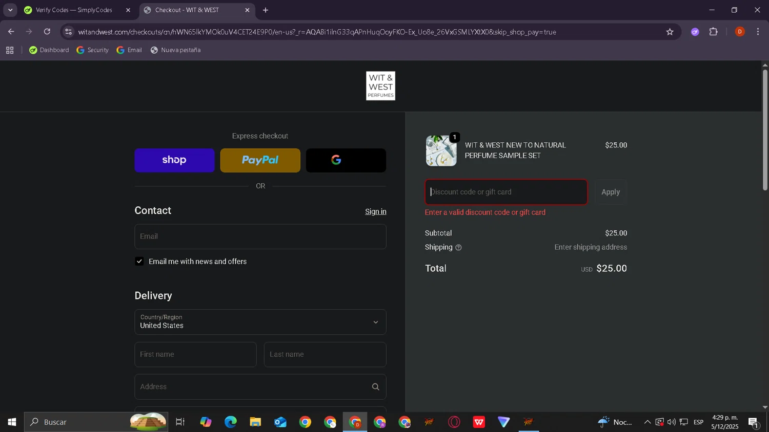 Wit & West Perfumes promo code screenshot showing code HOLIDAYSCENTING applied at Wit & West Perfumes checkout page. Uploaded by SimplyCodes community member LegendaryCollector9893 on Dec 5, 2025