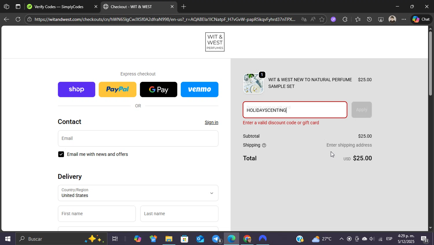 Wit & West Perfumes promo code screenshot showing code HOLIDAYSCENTING applied at Wit & West Perfumes checkout page. Uploaded by SimplyCodes community member WonderKnight7884 on Dec 5, 2025