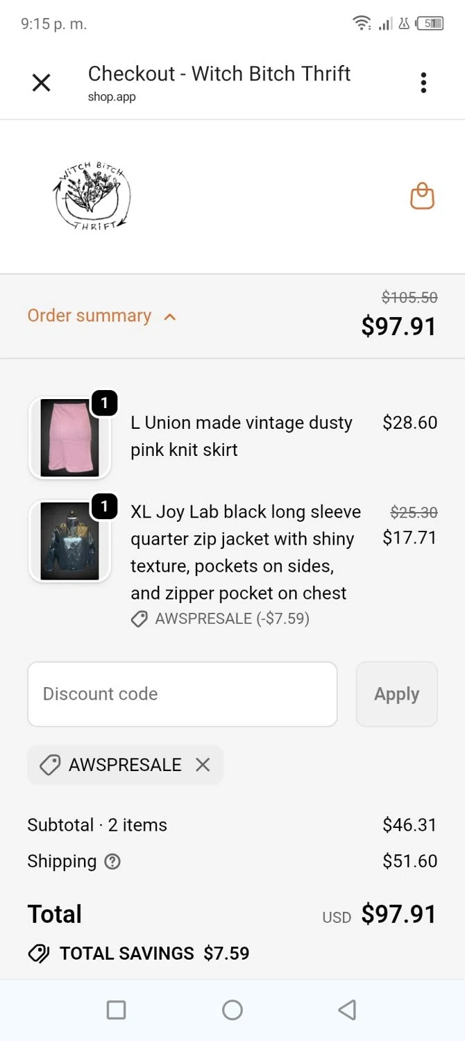Witch Bitch Thrift promo code screenshot showing code AWSPRESALE applied at Witch Bitch Thrift checkout page. Uploaded by SimplyCodes community member BonusVoyager4214 on Mar 14, 2026