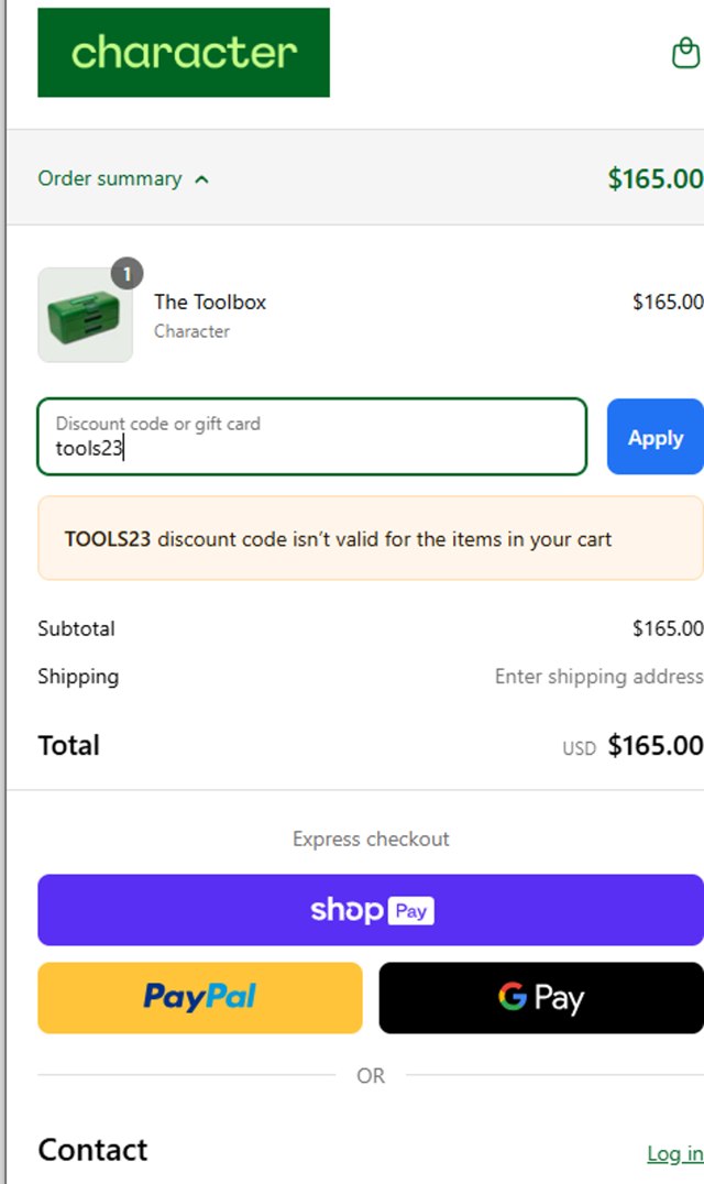 Character checkout page showing Character promo code box | Screenshot taken by SimplyCodes community member on Mar 19, 2025