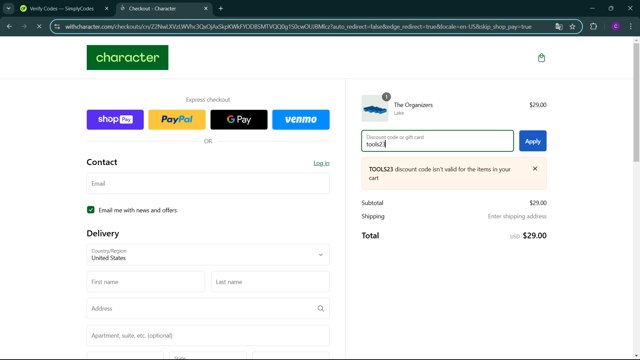 Character checkout page showing Character promo code box | Screenshot taken by SimplyCodes community member on Jan 27, 2025