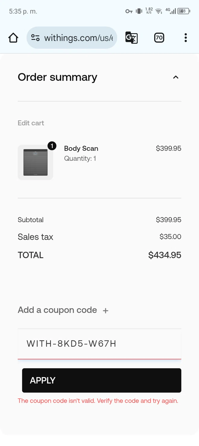 Withings coupon code screenshot showing code WITH-8KD5-W67H applied at Withings checkout page. Uploaded by SimplyCodes community member Charmander on Mar 4, 2025