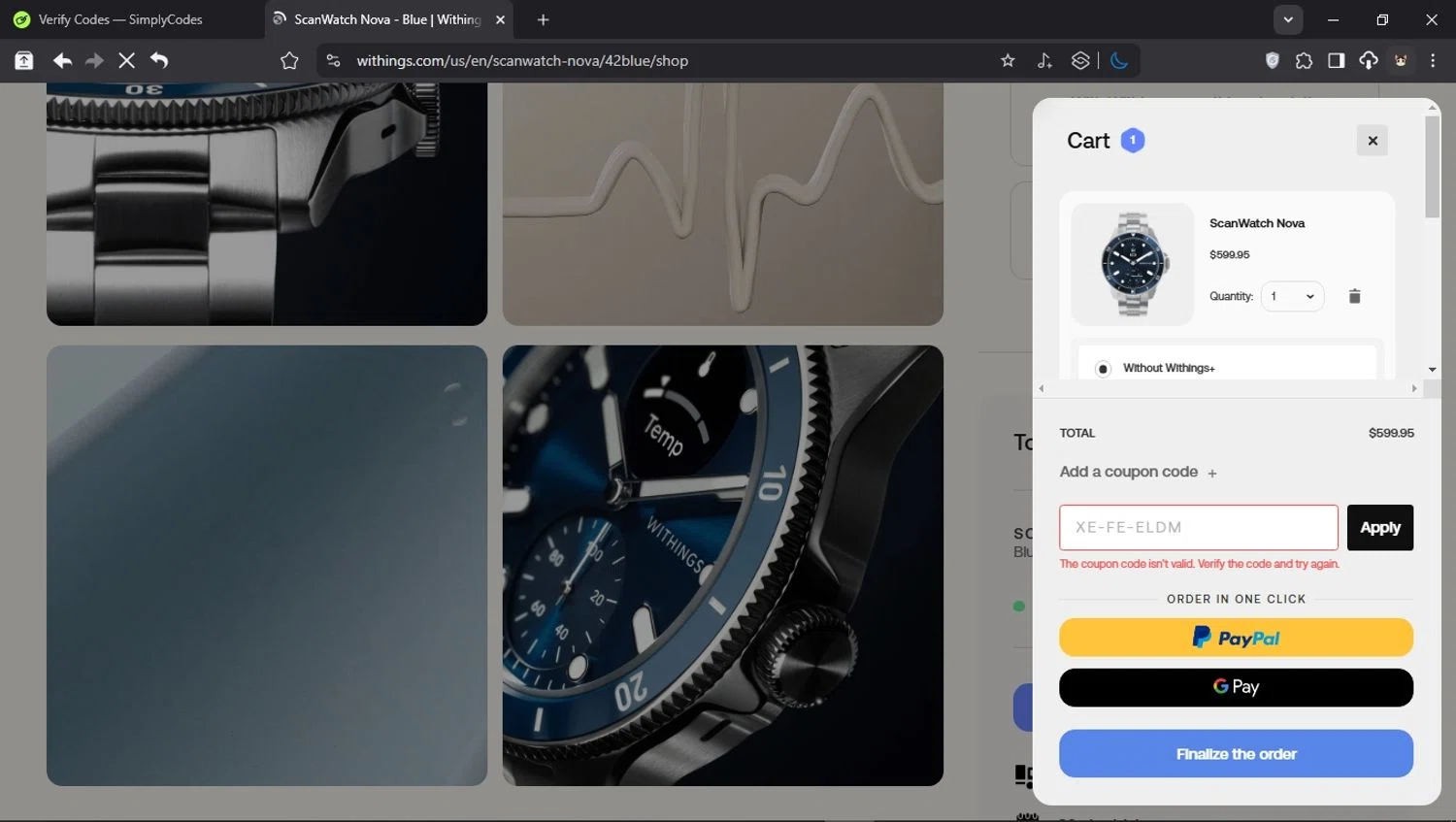 Withings coupon code screenshot showing code BLACKFRIDAY24 applied at Withings checkout page. Uploaded by SimplyCodes community member PromoSpotter1784 on Mar 12, 2025