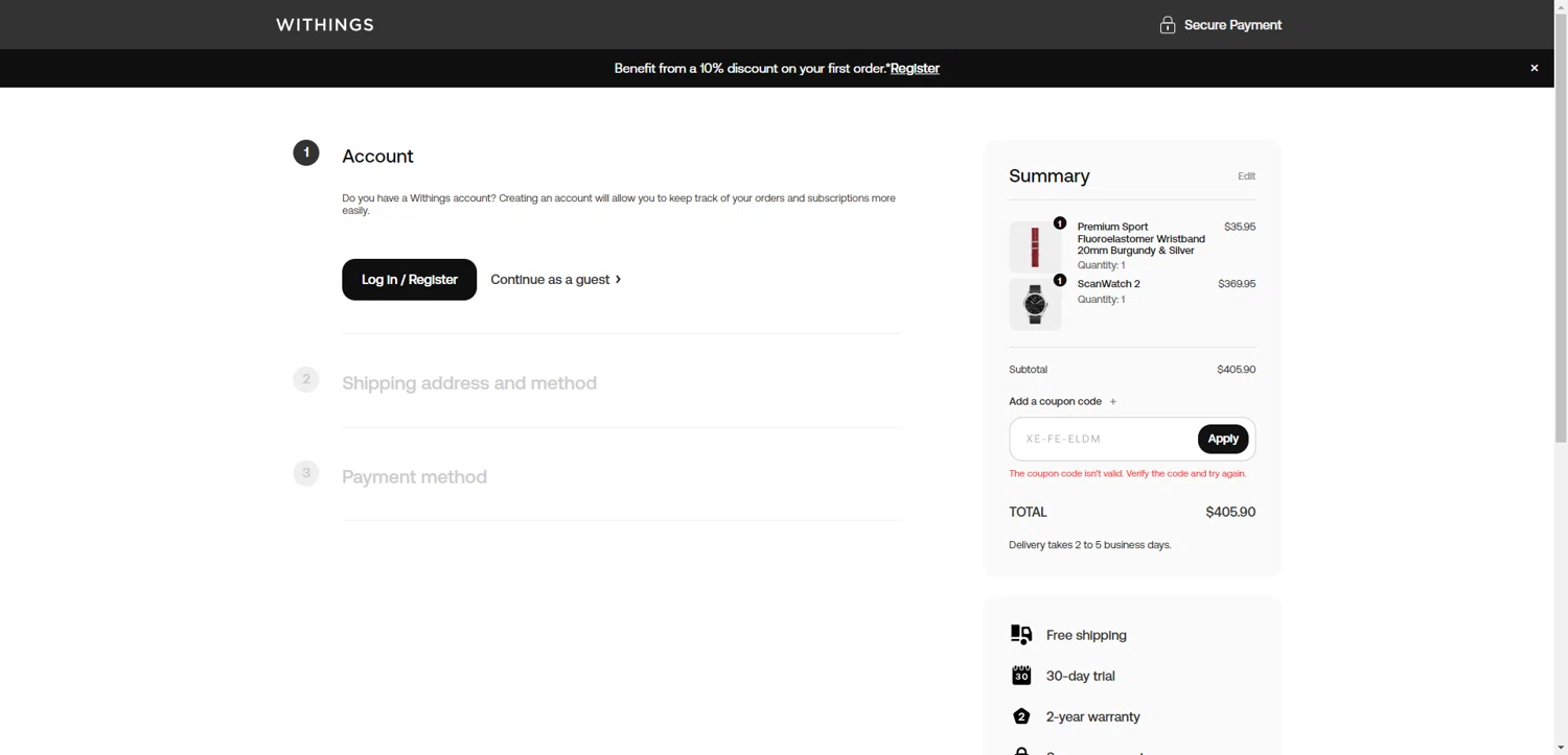 Withings coupon code screenshot showing code WITH-HOMEY-20 applied at Withings checkout page. Uploaded by SimplyCodes community member PennyRanger8219 on Jun 9, 2025