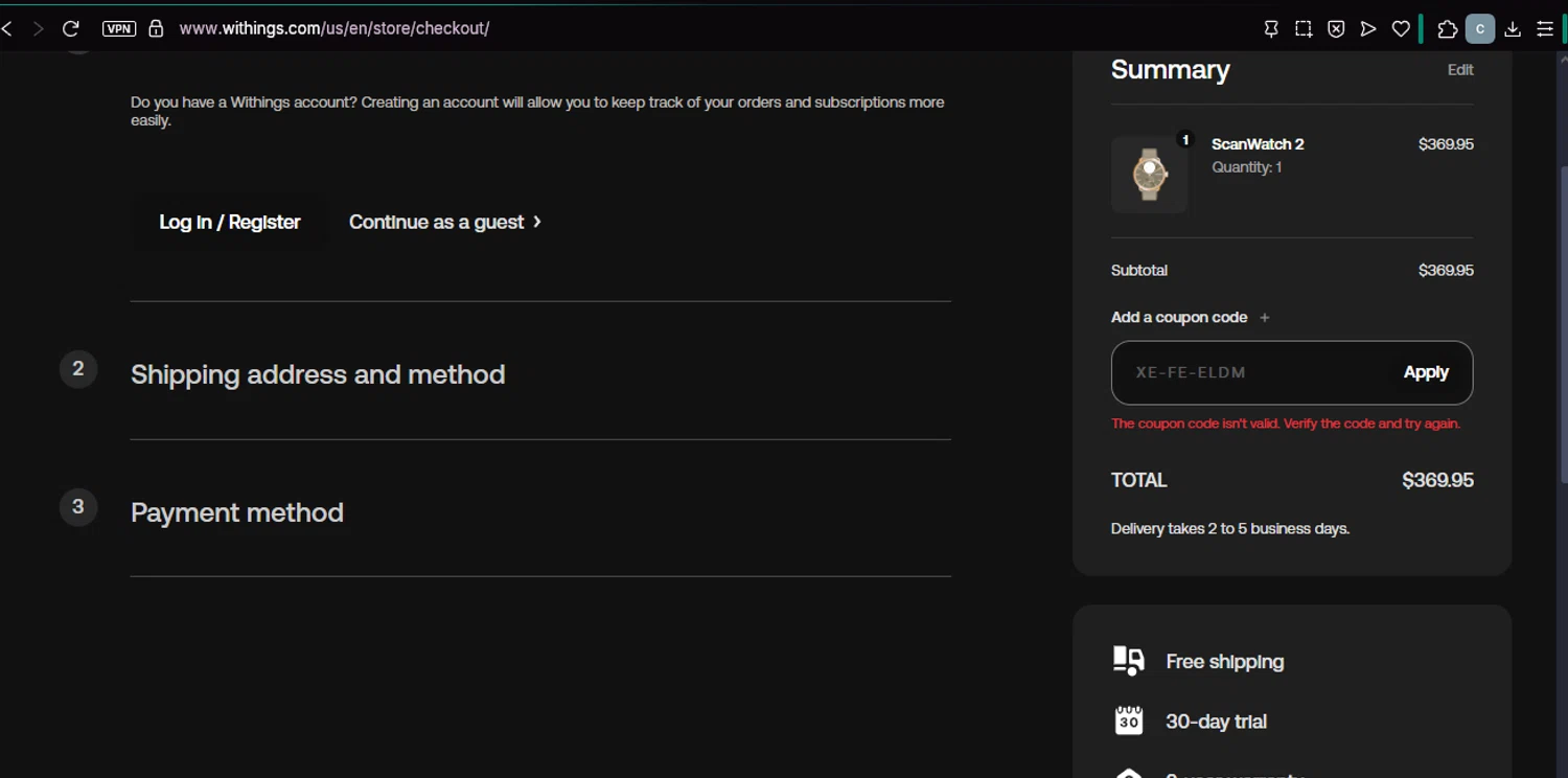 Withings coupon code screenshot showing code WITH-HOMEY-20 applied at Withings checkout page. Uploaded by SimplyCodes community member chepipi on Jun 9, 2025