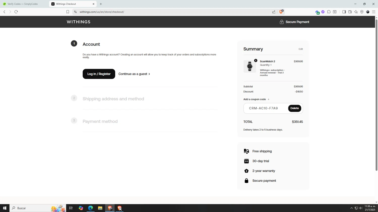 Withings coupon code screenshot showing code CRM-AC10-F7A9 applied at Withings checkout page. Uploaded by SimplyCodes community member AnthonyGTX on Jul 21, 2025
