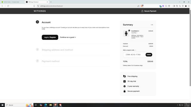 Withings checkout page showing Withings coupon code box | Screenshot taken by SimplyCodes community member on Jul 21, 2025