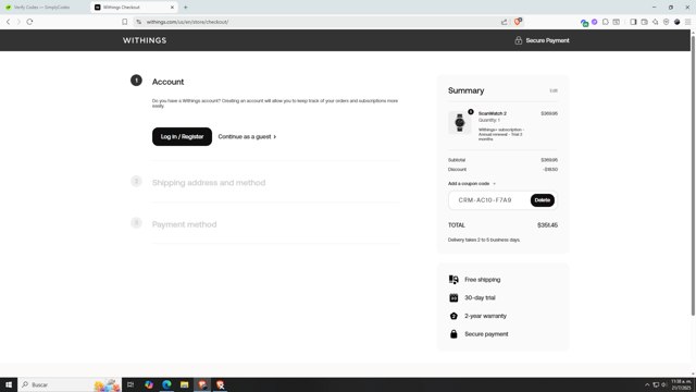 Withings checkout page showing Withings coupon code box | Screenshot taken by SimplyCodes community member on Jul 21, 2025