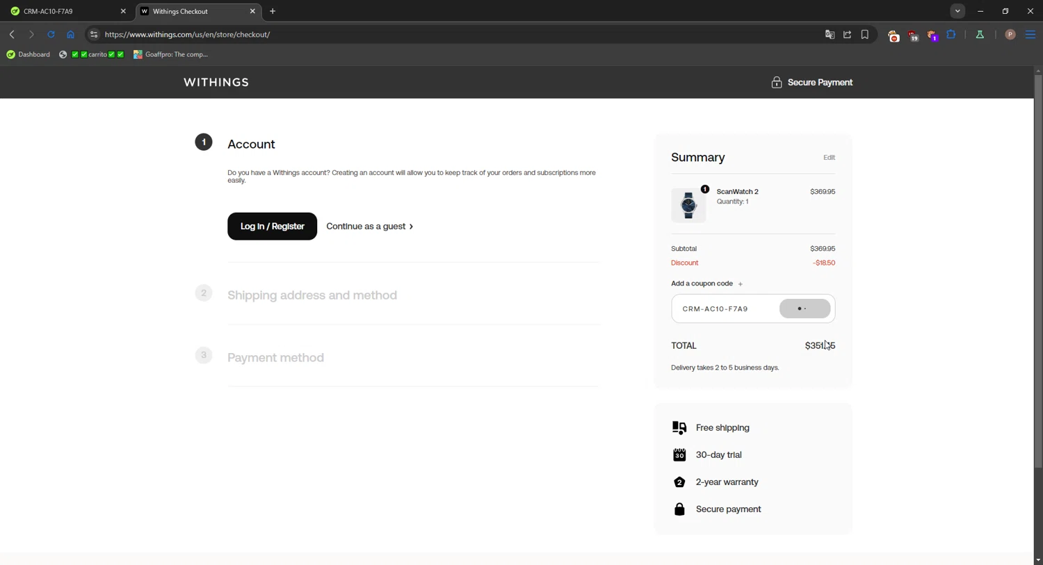 Withings checkout page showing Withings coupon code box | Screenshot taken by SimplyCodes community member on Jan 12, 2026