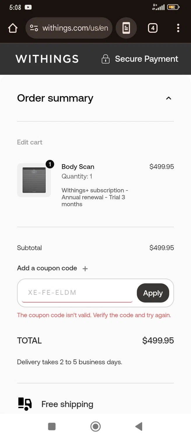 Withings coupon code screenshot showing code CRM-AC10-F7A9 applied at Withings checkout page. Uploaded by SimplyCodes community member Kim_michi on Aug 5, 2025